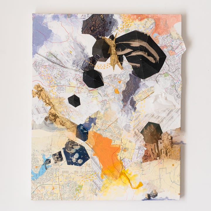 Two canvases with near-white textured backgrounds have swashes of orange paint on them. Hexagonal collage elements are scattered across the picture plane. The hues vary between blue, peach, brown, light purple, and seem cloud-like.