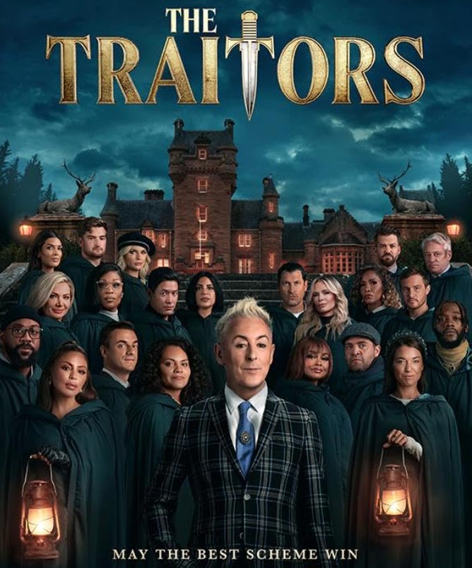 promotional posters for 2 franchises of the Traitors TV shows.