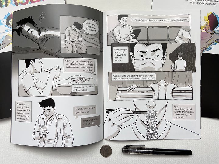 The front and back cover of the Phased comic book, as well as the first several pages.