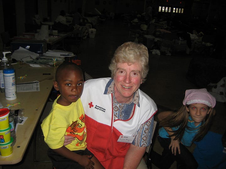 Four photos of me working as a mental health volunteer at the Hattiesburg Red Cross shelter