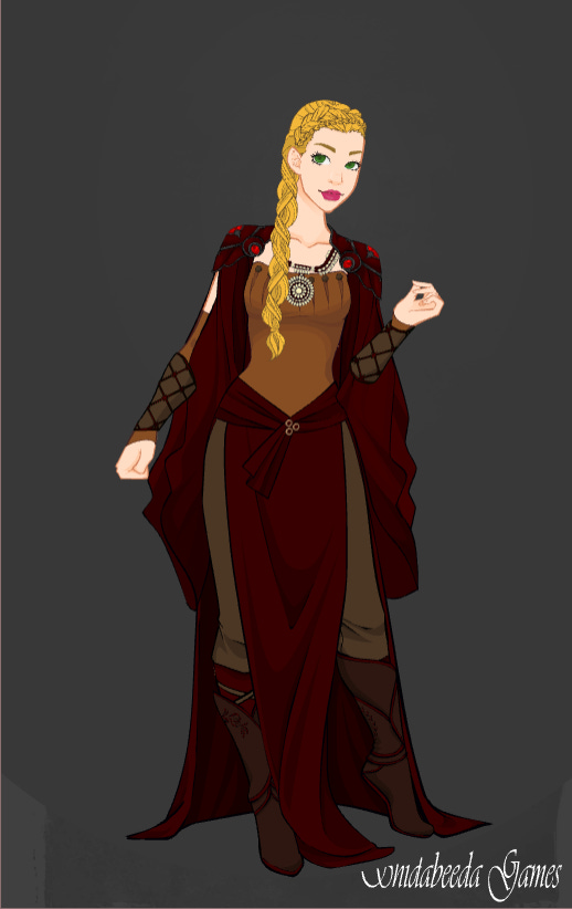 Two images, created with an online dollmaker, of a pale-skinned blonde woman wearing outfits in burgundy, brown, and gold