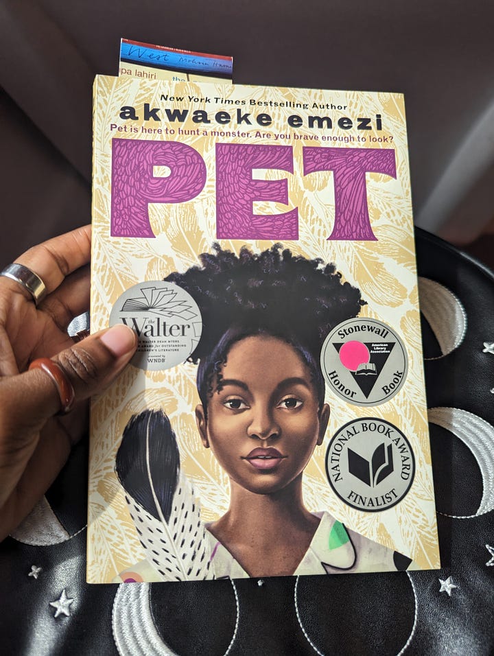 Covers of "Moments of Being" by Virginia Woolf and "PET" by Akwaeke Emezi