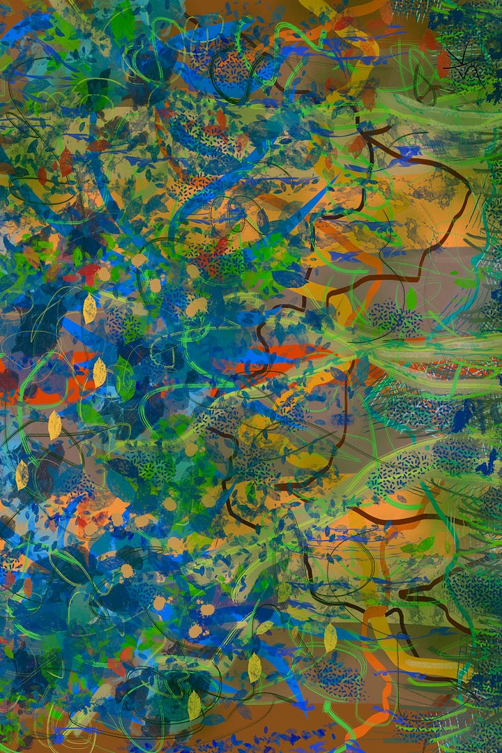 Two related paintings by Sherry Killam Arts, abstract marks of bold blues, greens, and oranges, the second one using negative space to highlight a vase.