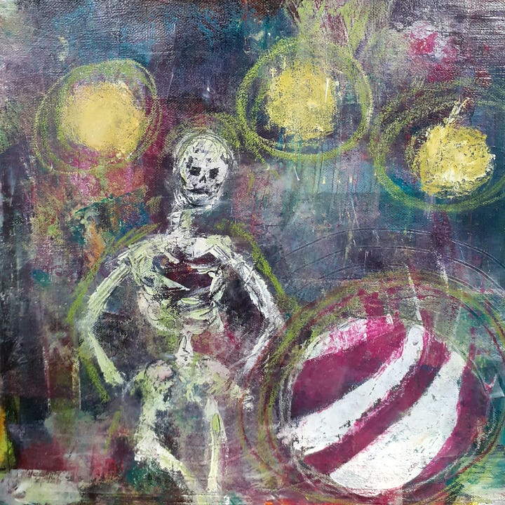 Two images of a skellie painting with orbs and stars