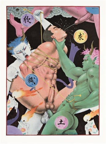 1) There is an Asian man in the center of the image, who is being double penetrated, by two other men-like beings. There is a dick coming from the top right that is spraying into his mouth. There is a green man with horns and pink hair who is fucking the main character from the front. The man behind him is white, with short blue hair, and horns. The man being fucked is bound in rope, and there are candles and other spiritual motifs surrounding them. 2) There is a muscular Asian man in the center who is being penetrated by another man with a lion head. There is another partially-drawn lion-man on his right side as well, and an arm coming through the left side with a sword. There are ropes and other spiritual symbols throughout the piece.