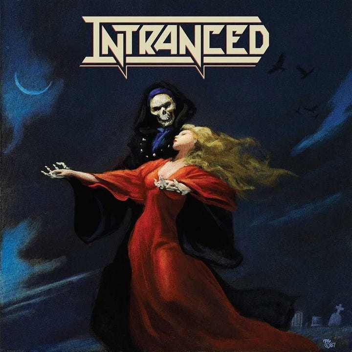 LEFT: Detail from STEPPIN' out featuring a woman in red dress lost in the danse macabre with Death.  RIGHT: Album cover for the self titled album INTRANCED