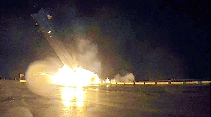 Rocket crashing into a barge and the a picture of the burned remains