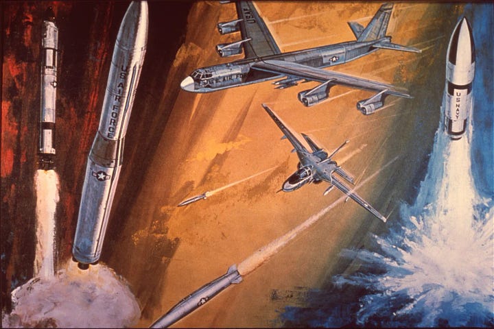 A box labeled “MX MISSILE” holds numerous watercolor illustrations of a southwestern desert landscape beneath smoldering purple sky, the terrain punctuated by ICBM storage bunkers. If you can ignore the fact that each of these bumps contains radioactive death, they look like paintings from a doctor’s waiting room or a beach rental. The MX, later known as the Peacekeeper, was an ICBM designed to simultaneously rain down on its target—Russia—ten separate nuclear warheads over ten times as powerful as the one that destroyed Nagasaki. 