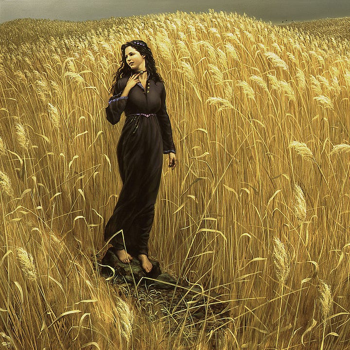 LEFT: Figure detail from PATHLESS featuring a barefoot woman in a long black dress with subtle purple accents at the waist, cuffs, and neck. Her feet are awkwardly position on a rock in the path through a golden field of wheat. As she cranes her head back, her fingers touch the thin black band around her neck holding a broach. RIGHT: Detail from PATHLESS featuring an orange butterfly perching on tuft of golden wheat blowing in the breeze.