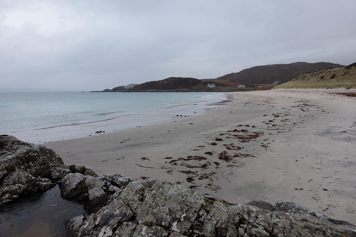 Camusdarach beach, south of Mallaig in the west Highlands, shot in grey drizzle then a burst of sunshine © Felicity Martin