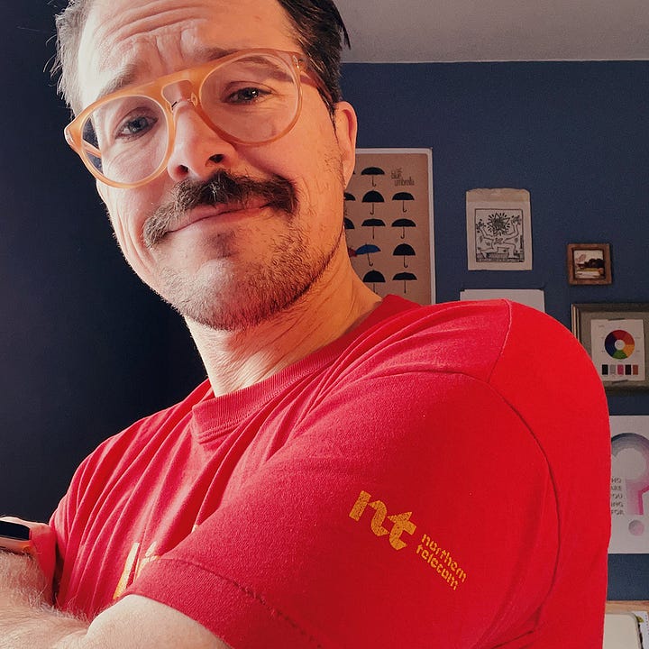 Kyle wearing red shirt from 'A simple "Hello" will do.' ad campaign. Screenshot of trademark filing for ad campaign. Photograph of X-acto knives and steel ruler Kyle inherited from his dad.