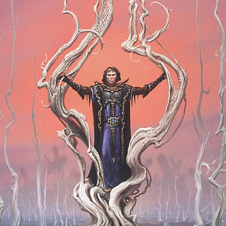 LEFT: Detail from EMPEROR OF THE WASTELANDS featuring a menacing figure standing on the husk of a dead alien tree in a bleak wasteland. With gloved hands he reaches out to the bone white limbs. In places the branches form a lattice. RIGHT: Close detail from EMPEROR OF THE WASTELANDS featuring a menacing figure in black over purple robes. A hood covers his blonde hair and a circlet reflect bronze.