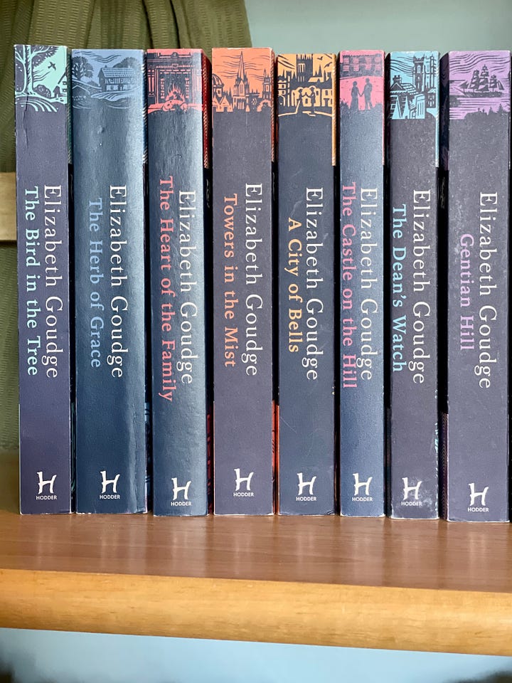 Anna's favorite edition of Linnets & Valerians; her collection of Goudge's children's books by Girls Gone By Publishers; her adult Goudge novels by Hodder Books; and her favorite adult Goudge novel, the Hodder edition of Towers in the Mist