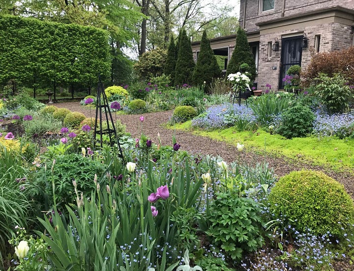 Our front yard before in 2014, and then after its transformation to a Cottage Garden in 2020