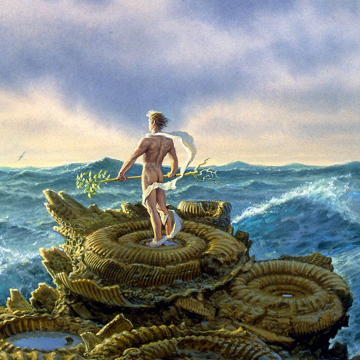 LEFT: Detail from FORTITUDE featuring a muscular man standing on an island of broken ammonite fossils. He wears no clothes, only a scarf winding loosely about him. In his hands, he holds an uprooted tree, long and thin, as he faces the raging sea. RIGHT: Close detail from FORTITUDE with a view behind a naked muscular man standing on an island of ammonite fossils. Water pools in the basic of the spirals as he faces rough seas.