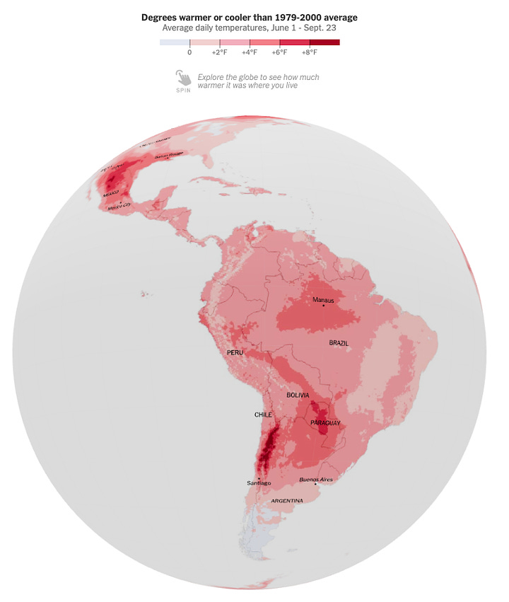 Screenshots from NY Times interactive map of world temperatures during Summer 2023 (From NY Times).