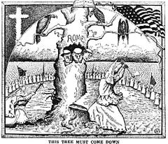 Two black-and-white-cartoons. The cartoon on the left shows a KKK member wielding an axe at a tree that says "Rome." The heads of three friars peak out of the tree. Left: The Roman Catholic Church depicted as an octopus wearing a papal crown. The octopus's arms read "ignorance, corruption, evil, bigotry, Romanism, superstition, tyranny, greed and money."