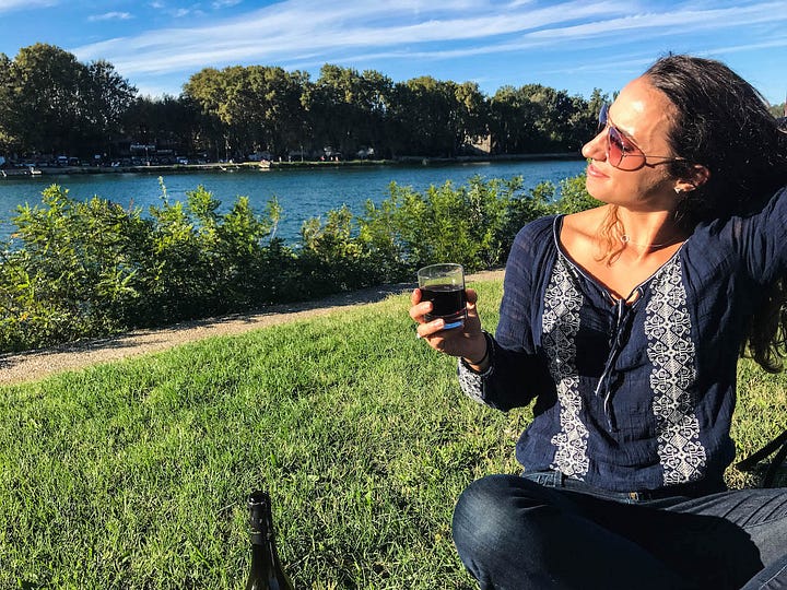 picnic near Rhône River with wine and olives