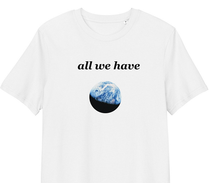 White, grey, and green shirts with black text reading "all we have" in all lowercase with a photo of the Earth in partial eclipse underneath the text. On the back are 6 suggestions including "get to know the plants around you", "reduce, reuse, recycle", and "make trash art".