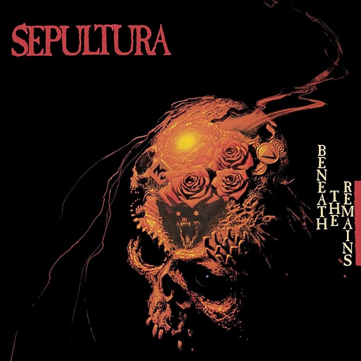 LEFT: Album cover for BENEATH THE REMAINS by Sepultura featuring the painting NIGHTMARE IN BLACK. RIGHT: Album cover for ARISE featuring the painting of the same title.