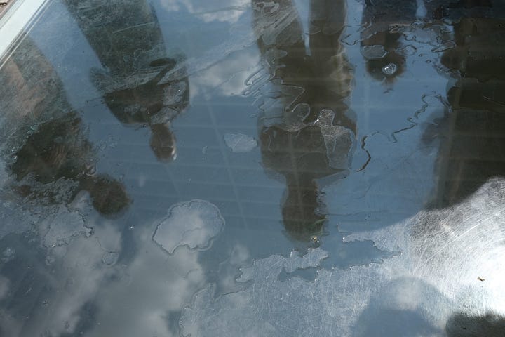 cobbled ground reveals a lit room under the square with empty white bookshelves (left) People's reflections appear in the transparent panel as they look down into the same memorial of empty bookshelves below the surface.