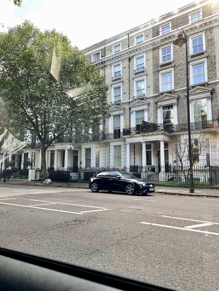 First photo is a row of beige and grey terraced houses in London with a black sedan parked in front. The second photo is of a small pub called Bolton. It is painted a pastel green with arched windows and flowers hanging from the balcony. 