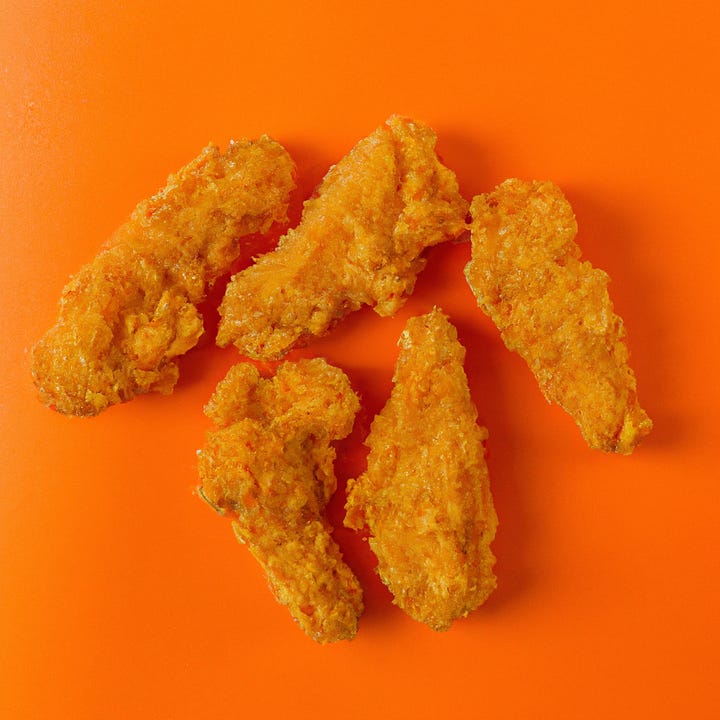 two AI-generated photos of chicken tenders on an orange background, one cooked, one frozen