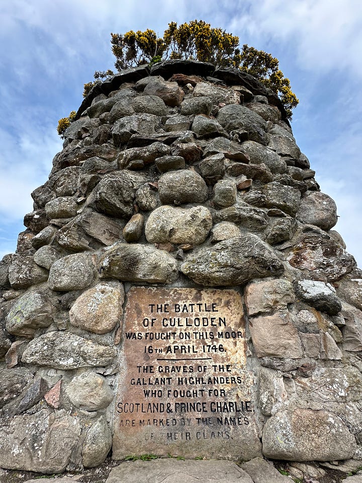Quiraing green hillside, Culloden rock memorial with sign, hand holding ice cream cone, misty Scott Monument in Edinburgh