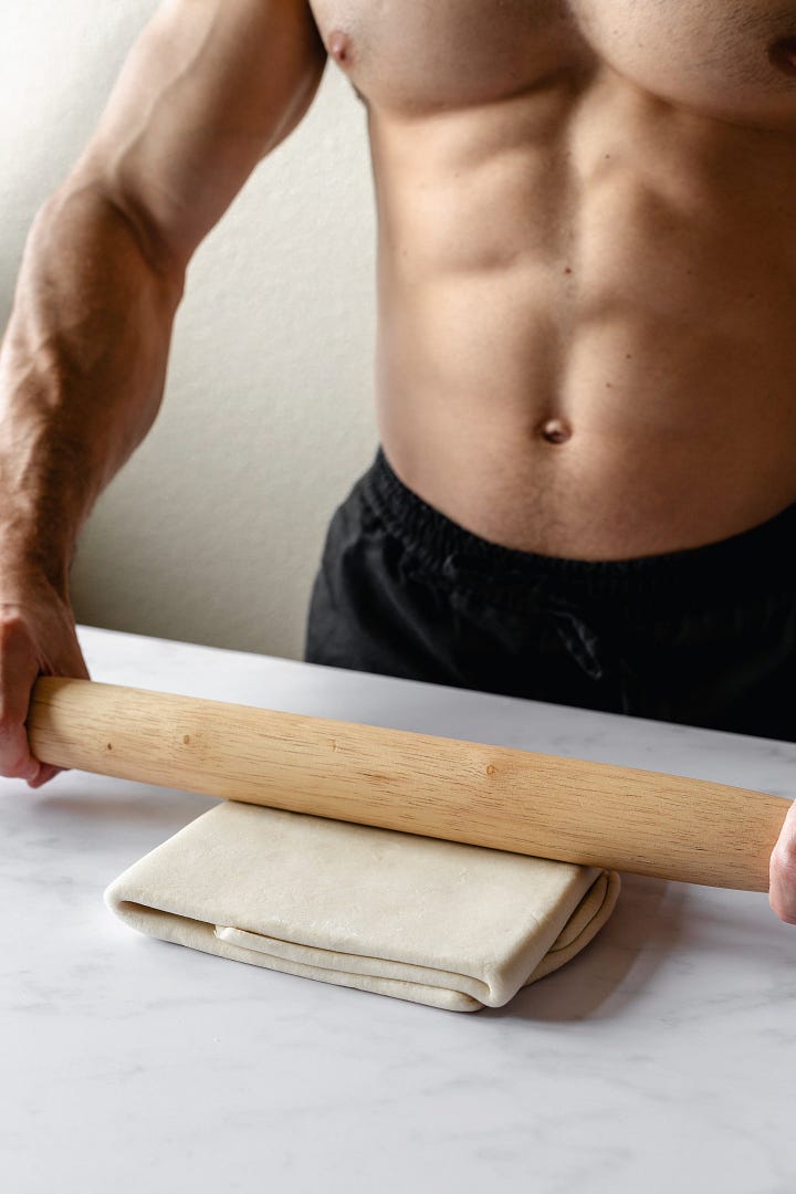 Sequence of photos showing shirtless man making vegan puff pastry dough