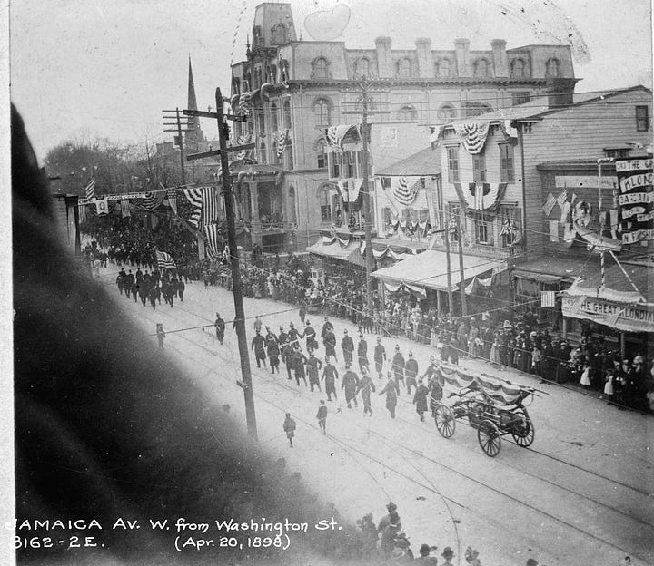 Two images show Jamaica Town Hall in 1928 and 1898 during a parade with decorations and people watching a contingent of firemen.