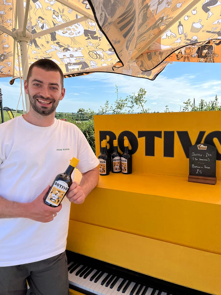 Three images of people at the Botivo drinks stand at the Groundswell regen farming event. Fourth image is of the entrance to the Botivo brewery on Lannock Farm in north Hertfordshire