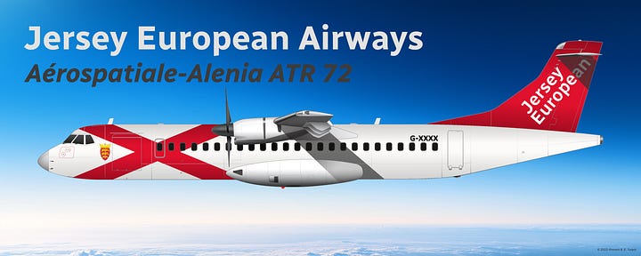 Jersey European Airways passenger fleet at end of 2002: 1) Avro RJ85, 2) ATR 72, 3) ATR 42, and 4) Dornier 228 - all seen in current livery, all shown in side view.