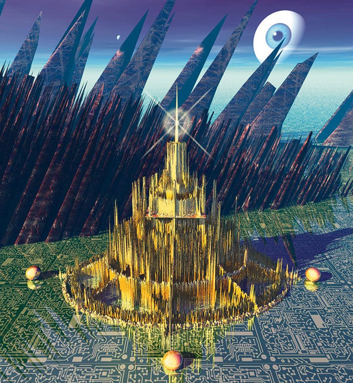 LEFT: An abstract digital concept for CITY OF GOLDEN SHADOWS. A city rendered like digital audio noise sits in a field of glossy integrated circuitry. Angled mountains point up to a sky where a human eye floats in the place of the moon. RIGHT: Ancient iconography in the shape of a human head but with a computer chip set for the eye and mouth in profile. The golden paths of circuits stand out from the ancient patina of stone.