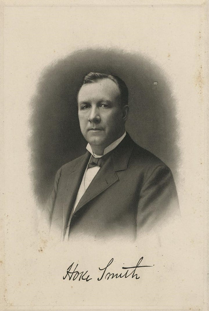 On left, photo portrait of round-faced white man in Victorian suit. On right, white man in white suit carrying long cigar 