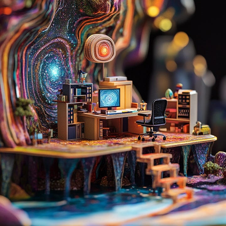 miniature diorama cardboard office workspace with ai collaboration in cosmic and psychedelic landscape