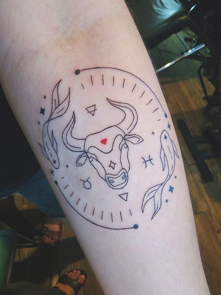 A tattoo design with Pisces and Taurus elements.