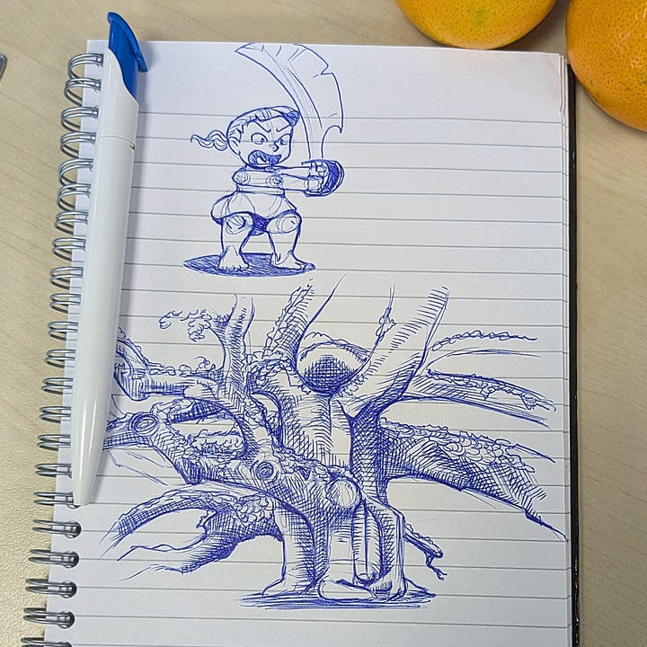 Pirate Girl and Tree: Blue ballpoint pen; Goblin: ballpoint pen and highlighter