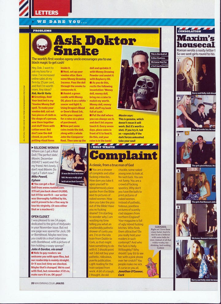 Ask Doktor Snake column from Maxim magazine in 2005. Scans of articles and covers