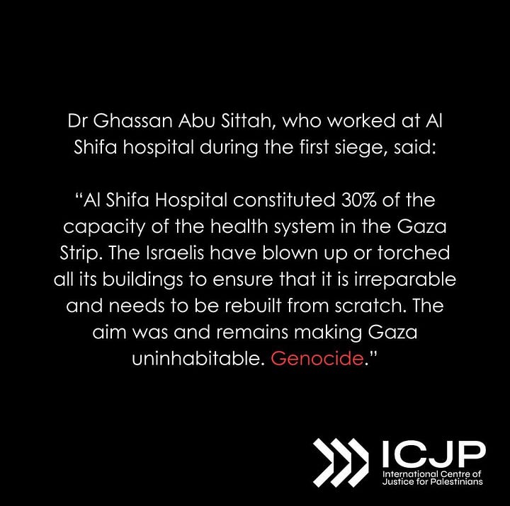 Three images from International Centre of Justice for Palestinians, which describe the massacre at Al Shifa Hospital