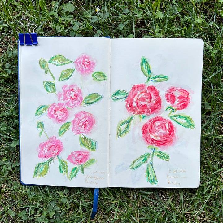 Sketchbook spreads with sketches of flowers and trees made in coloured pencils and crayons.