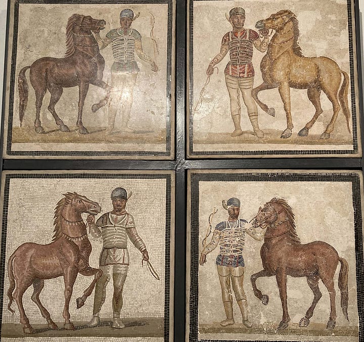 The first mosaic shows four horses with their handlers, the second three female figures and the other two show 3-D illusions