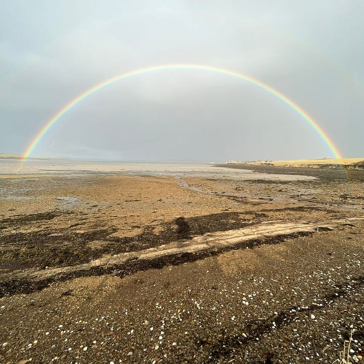 Top left: view across a field of heather with a dilapidated farm building in the foreground. Background is the blue sea & bluer sky. Top right, yellowy image taken on the beach on a drizzly day, a full rainbow sits on top of the sand & you can just make out a second rainbow above it. Bottom right - blurry image of the northern lights, green flashes on a dark background. Bottom left - image of the beach, sea on the left & shore on the right. the shore is covered in snow. The sky is blue with some cloud. 