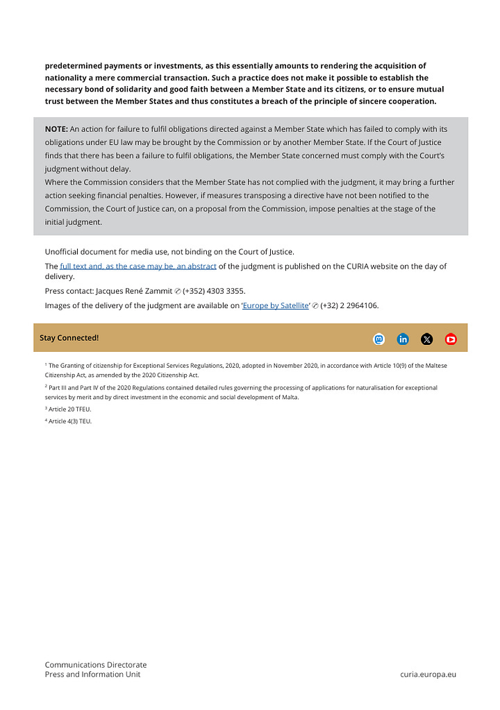 Press Release regarding the ECJ ruling on Malta's golden passports