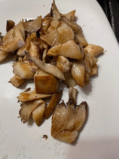 Left or top, dried oyster mushrooms, bottom or right, yummy oyster shrooms cooked in butter.