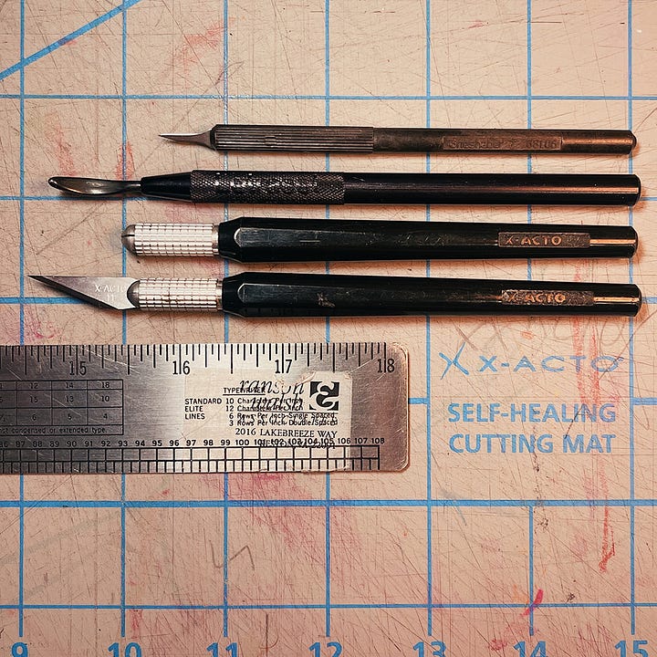 Kyle wearing red shirt from 'A simple "Hello" will do.' ad campaign. Screenshot of trademark filing for ad campaign. Photograph of X-acto knives and steel ruler Kyle inherited from his dad.