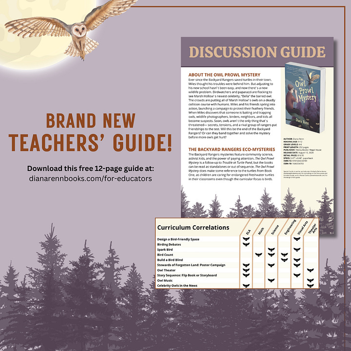 Side by side ads for teachers guides to Owl Prowl Mystery and Trouble at Turtle Pond (updated), showing front page and curriculum correlation chart for each guide. 