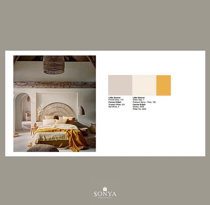 colour inspiration board and bedroom mood board incorporating yellow with a neutral colour palette