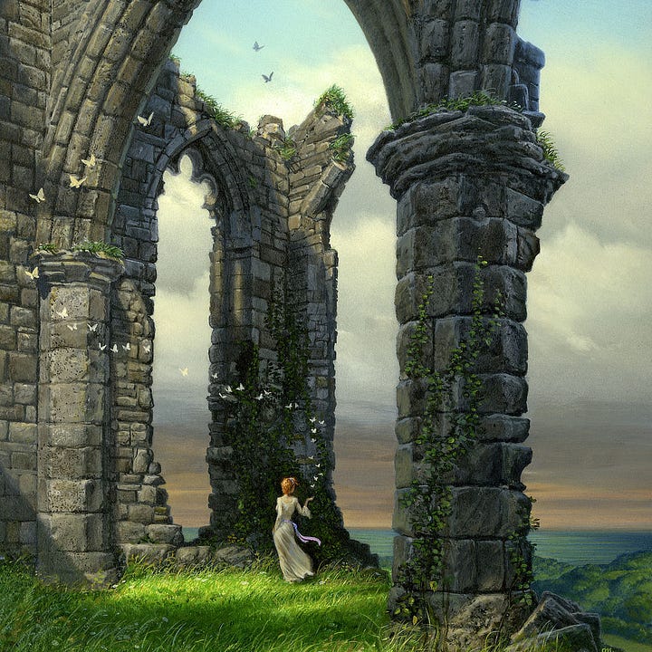 LEFT: Detail from AFTERNOON SHADOWS featuring a redheaded woman in a white dress standing in the ivy covered ruins of an abbey. She holds her hand palm up as if releasing a stream of butterflies that wind upwards in an S-shaped curve. RIGHT: Close detail from AFTERNOON SHADOWS featuring a woman in a white gown with a lavender sash tied at her waist. Her hair is red and short which contrasts the tall ruined wall of the abbey in front of her that is now overgrown with ivy. Through breaks in the wall we can see the calm sea but the sky over the horizon is gray with hints of orange. Above a thick cloud layer the sky is blue and bright, providing a different outlook depending on where you look. Her head is turned to the side level with the horizon as sunlight casts long shadows past her in the abbey.