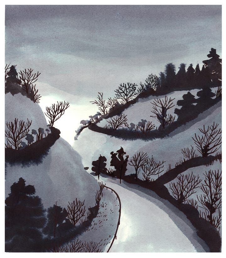 two more ink paintings of roads between hills with black trees on. 