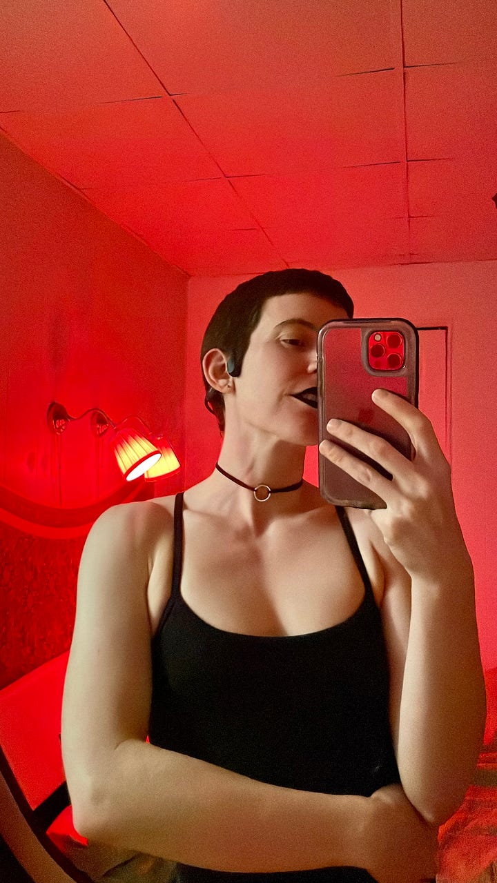 First photo of Lyss against a backdrop of red light, wearing black lipstick, a black choker, and a black tank top. Second photo of Kraftwerk live in concert, against a red background. Third photo of a donut with rainbow sprinkles. Fourth photo of a pitbull with a donut toy in her mouth, laying happily on a bed.